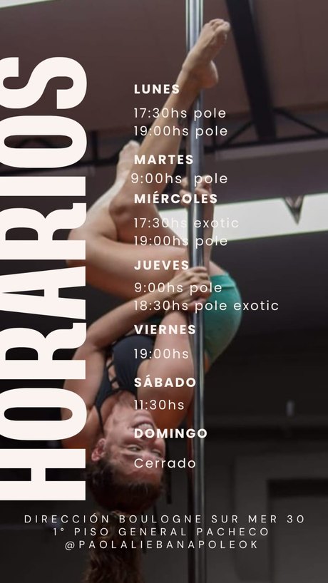 Placa con los horarios de las clases de pole en la sede Pacheco